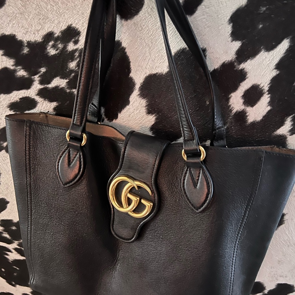 Gucci Black Leather Shoulder Tote with Gold Double-G Accent